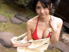 Shiori Asukai Asian In Red Bath Suit Makes Soap Balloons Outdoor