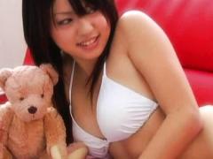 Mizuho Tada Asian In Bath Suit Plays With Teddy Bear On Couch