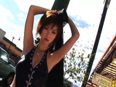 Aki Hoshino Asian Poses Sexy In Black Latex Corset And Small Hat