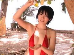 Asami Tada Asian In Red Bath Suit Puts Oil On Skin In The Jungle