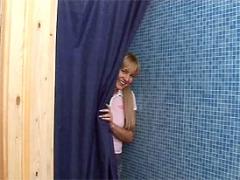 Pigtailed Teenage Blonde Stripping Naked In This Hot Sauna