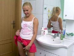 Tiny Teen Toying Her Thight Juicy Pussy In The Bathroom