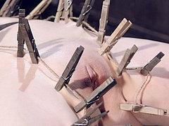 Cherry Torn Blonde Is Bound With Clothes Pins All Over Her B...