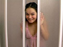 Teenage Brunette Girl Riding A Monster Dildo In The Shower