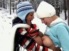 Two Busty Lezzies Fucking Eachother Wild Outdoor In The Snow...