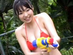 Riho Aitani Asian Gets Water Over Bath Suit From Toys In Garden