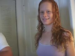 Red Head With Pale Skin And Shaved Pussy Eats His Stiff Dick.