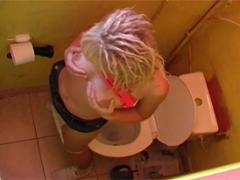 Very Horny Teen Blonde Plays With Herself On The Toilet