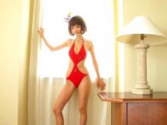 Aki Hoshino Asian In Red Bath Suit And High Heels Has Flower