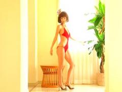 Aki Hoshino Asian In Red Bath Suit And High Heels Has Flower