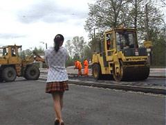 Naughty Exhibitionist Surrounded By Road Workers