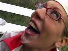 Teenage Nurse Tasting A Big Gooey Senior Cumload Outdoor