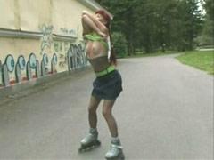 Playful Little Flasher Goes Out On Rollerblades